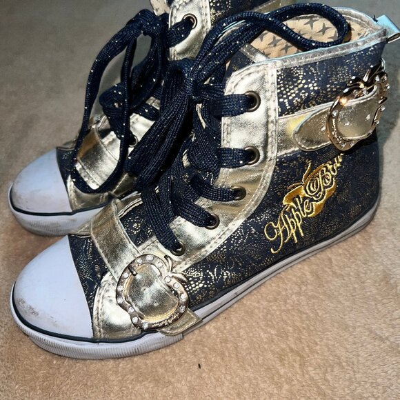 AppleBottom Sz 8 Youth Hightop Gold Denim Blue Sparkle Bling Sneakers S04 - Picture 1 of 7